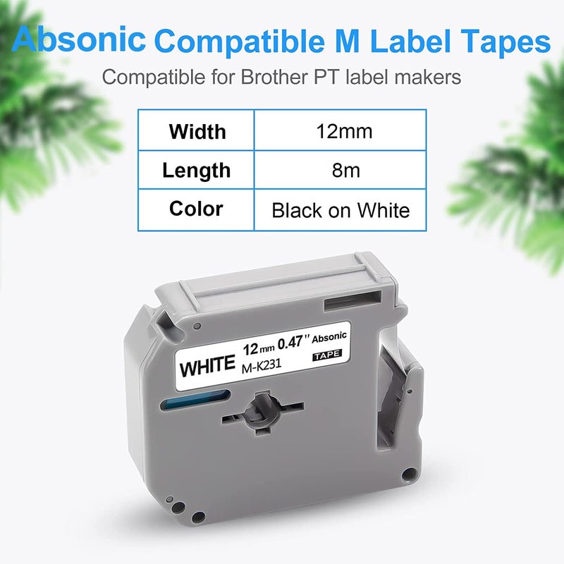 Absonic 5-Pack MK231 Label Tape 12mm 0.47" White Compatible for Brother MK-231 M231 MK231 M-K231 M-K231S Tape M 12mm 0.47" Black on White for P Touch PT65 PTM95 PT80 PT90 PT45 PT85 Label Maker - Image 2